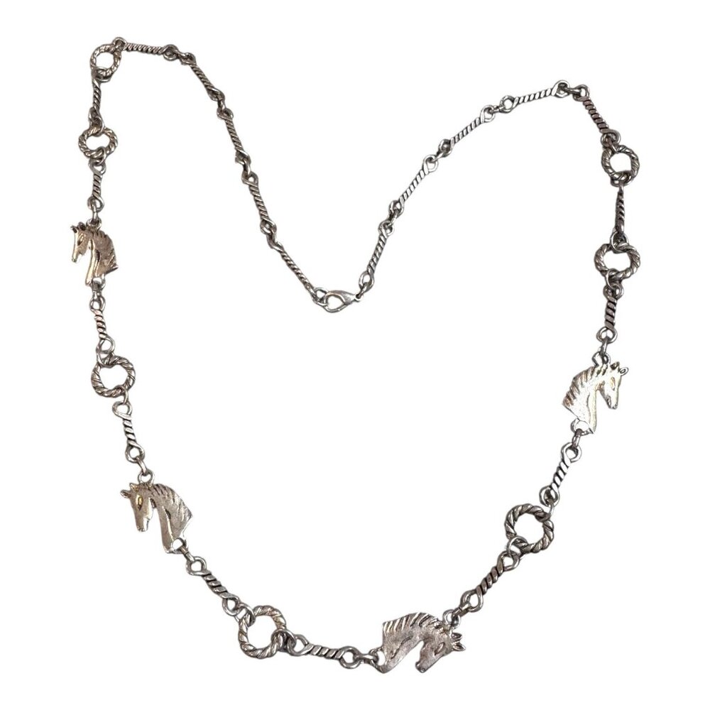 Vintage Silver Horse Head Necklace Equestrian Twisted Chain Southwest 31"